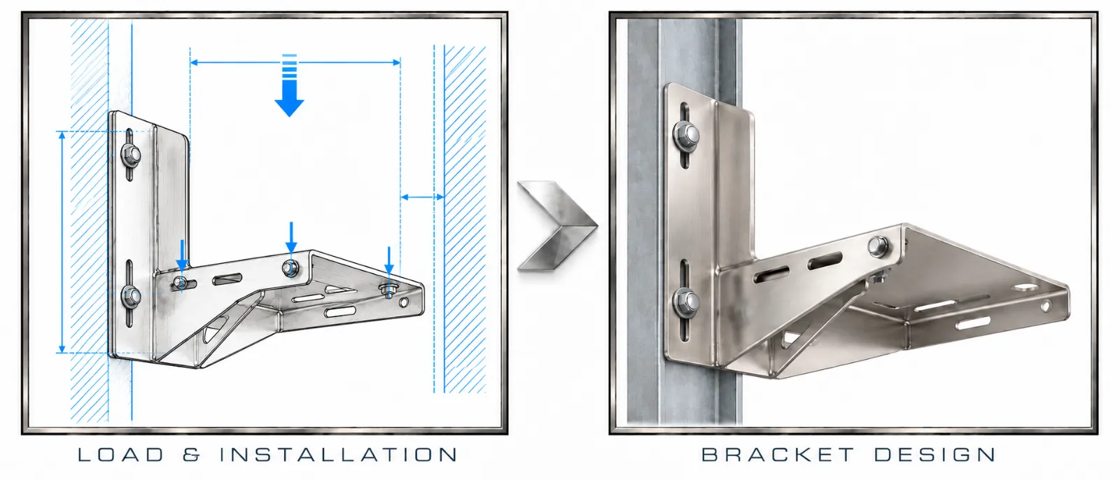 Load and installation sketch of a wall bracket, next to the finished bracket fixed to a channel