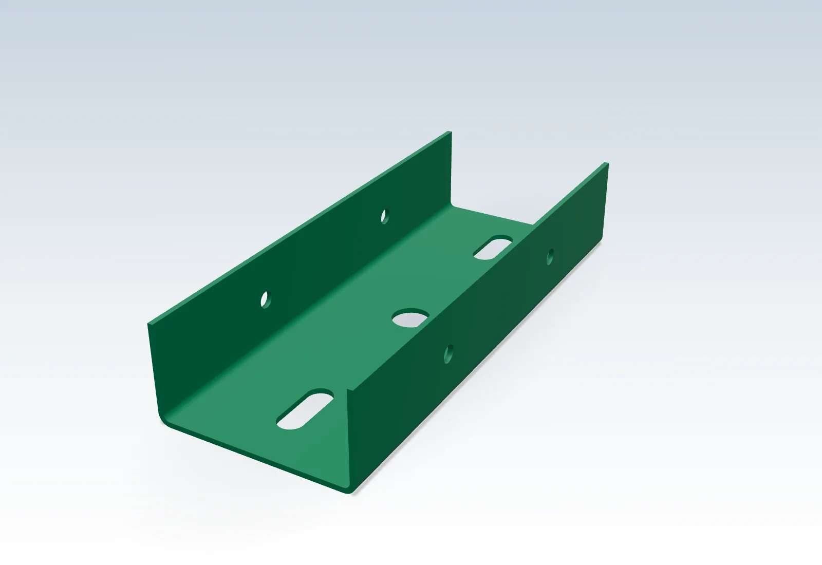 Render of a green powder-coated steel U-channel rail with slots and clearance holes