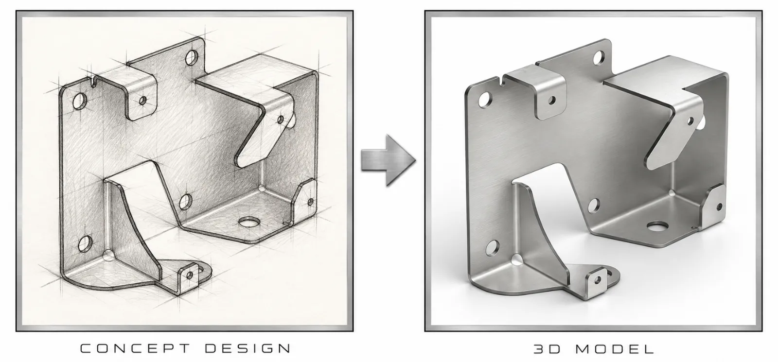 Pencil concept sketch of a folded bracket next to the finished 3D model