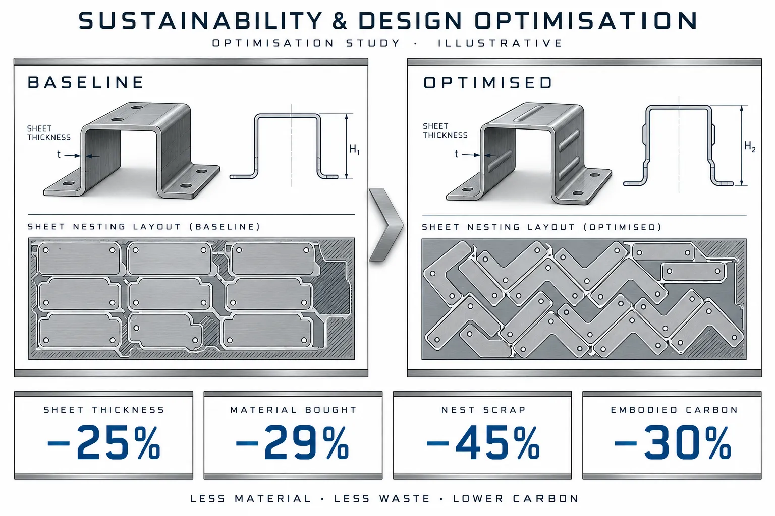 Illustrative optimisation study comparing a baseline and an optimised part, section and nesting layout